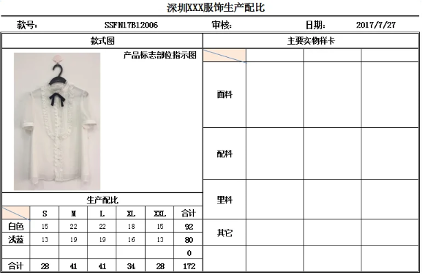 纺织品打样工艺单示例